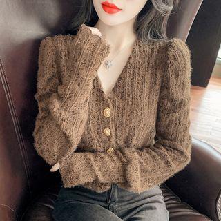 Long-sleeve V-neck Button-up Lace Crop Top