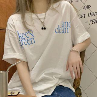 Short-sleeve Lettering T-shirt Blue Animal - White - One Size