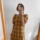 Plaid Puff-sleeve Midi Sheath Dress Tangerine - One Size
