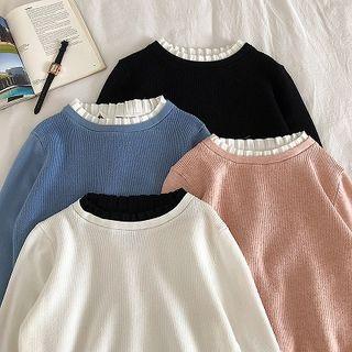 Mock Two-piece Crewneck Color-block Panel Long-sleeve Sweater