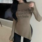 Asymmetrical Lettering Slit Long-sleeve T-shirt