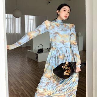 Long-sleeve Tie-dyed Midi A-line Dress