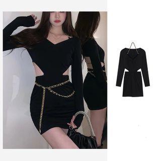 Long-sleeve Chain Strap Cut-out Mini Sheath Dress / Waist Chain