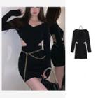 Long-sleeve Chain Strap Cut-out Mini Sheath Dress / Waist Chain