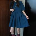 Short-sleeve Pleated A-line Dress Bluish Green - One Size