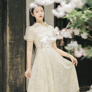 Set: Puff-sleeve Frog-buttoned Lace Long Shirt + Midi A-line Skirt