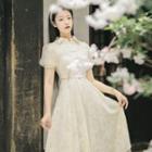 Set: Puff-sleeve Frog-buttoned Lace Long Shirt + Midi A-line Skirt