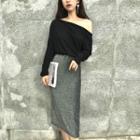 Set: Off-shoulder Long-sleeve Top + Glitter Maxi Skirt