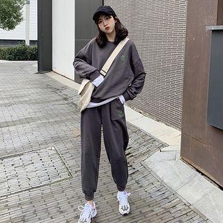 Set: Mock Two-piece Embroidered Pullover + Sweatpants Set - Gray - One Size