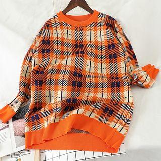 Plaid Sweater Orange Red - One Size