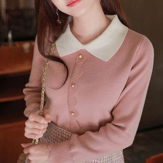 Contrast-collar Scallop-trim Knit Top