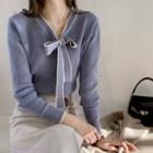 Tie-neck Contrast Trim Long-sleeve Knit Top