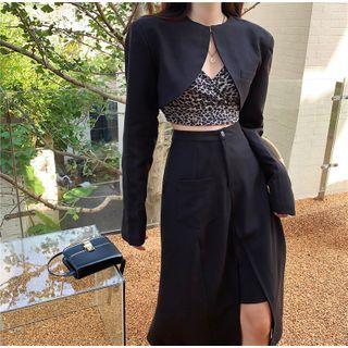Spaghetti Strap Leopard Print Top / Jacket / Midi A-line Skirt