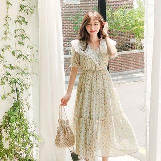 Eyelet-lace Collar Floral Print Dress Mint Green - One Size