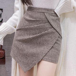 Houndstooth Asymmetrical Mini Pencil Skirt
