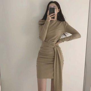 Long-sleeve Tie-waist Knit Mini Bodycon Dress