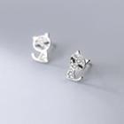 Sterling Silver Rhinestone Cat Stud Earring 1 Pair - Silver - One Size