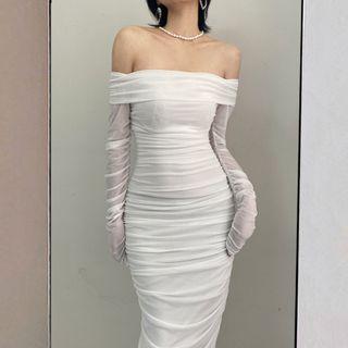 Long-sleeve Off-shoulder Mesh Midi Sheath Dress