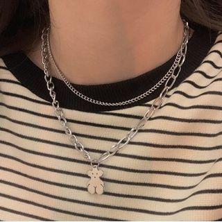 Bear Pendant Layered Chain Necklace Silver - One Size