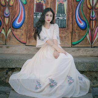 Elbow-sleeve Bell-sleeve Floral Embroidered Gathered-waist Print Crewneck Chiffon Sheath Dress