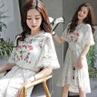 Flower Embroidered Short Sleeve A-line Lace Dress