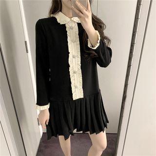 Color-block Frilled Long-sleeve Dress
