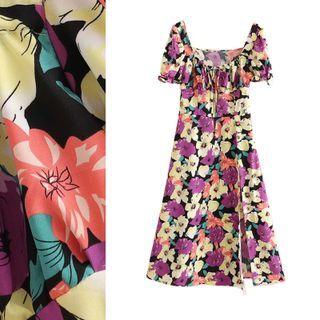 Puff Short Sleeve Floral Print Slit Dress