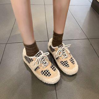 Houndstooth Fluffy Trim Lace-up Shoes