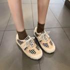 Houndstooth Fluffy Trim Lace-up Shoes
