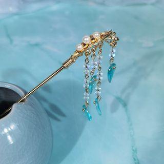 Retro Beaded Leaf Hair Stick J35 - 1 Pc - Aqua Blue Bead - Gold - One Size
