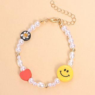 Smiley Heart Flower Faux Pearl Bracelet Gold - One Size