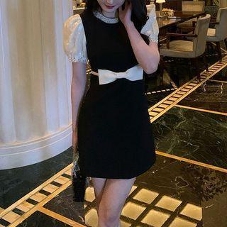 Puff-sleeve Sequined Bow A-line Dress