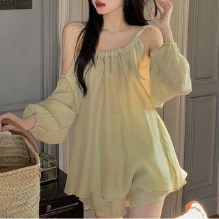 Long-sleeve Cold Shoulder Sheer Shirt / Chiffon Shorts