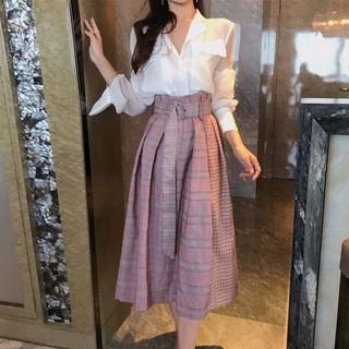 Set: Long-sleeve Blouse + Check A-line Midi Skirt
