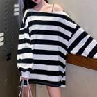 Long-sleeve Asymmetric Shoulder Striped Tee As Shown In Figure - One Size