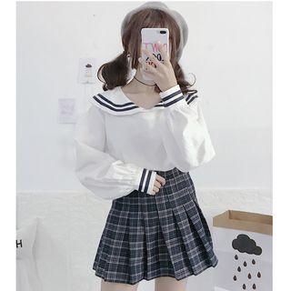 Sailor Collar Blouse / Plaid Pleated Mini Skirt