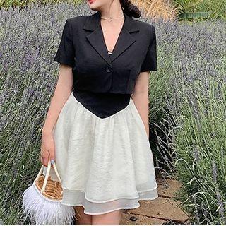 Spaghetti Strap Two-tone Mini A-line Dress / Cropped Blazer