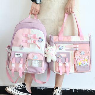 Set: Pvc Panel Color Block Nylon Backpack + Tote Bag