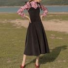 Long-sleeve Floral Top / Spaghetti Strap Corduroy Midi Dress