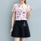 Set: Floral Print Cut Out Shoulder Short Sleeve Top + Hoop A-line Skirt