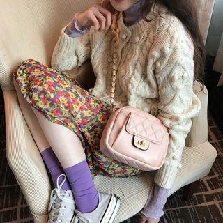 Long-sleeve Mesh Top / Cable Knit Cardigan / Floral Print Midi H-line Skirt