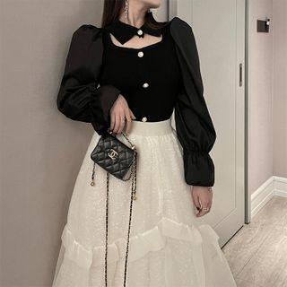 Long-sleeve Cutout Faux Pearl Blouse Black - One Size