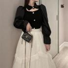 Long-sleeve Cutout Faux Pearl Blouse Black - One Size