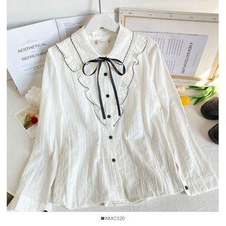 Tie-neckline Ruffled Loose Shirt White - One Size