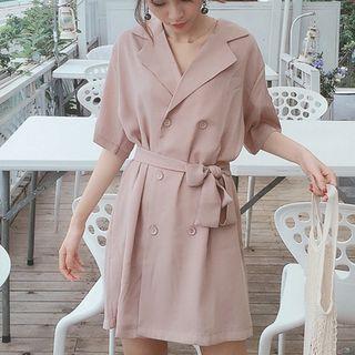 Notched Lapel Double-breasted Elbow-sleeve Chiffon Dress