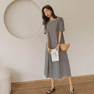 Shirred Gingham Long Flare Dress Black - One Size