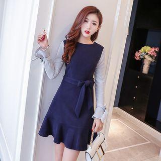 Long-sleeved Crewneck Gathered-waist Panel A-line Dress