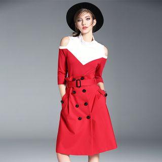 Set: Color-block Top + Buttoned Skirt