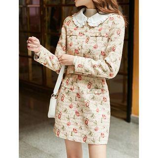 Set: Flower Print Button-up Jacket + Mini Pencil Skirt
