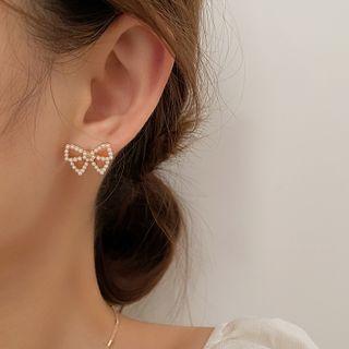 Faux Pearl Bow Earring 1 Pair - Earrings - Silver - Faux Pearl - Bow - White - One Size